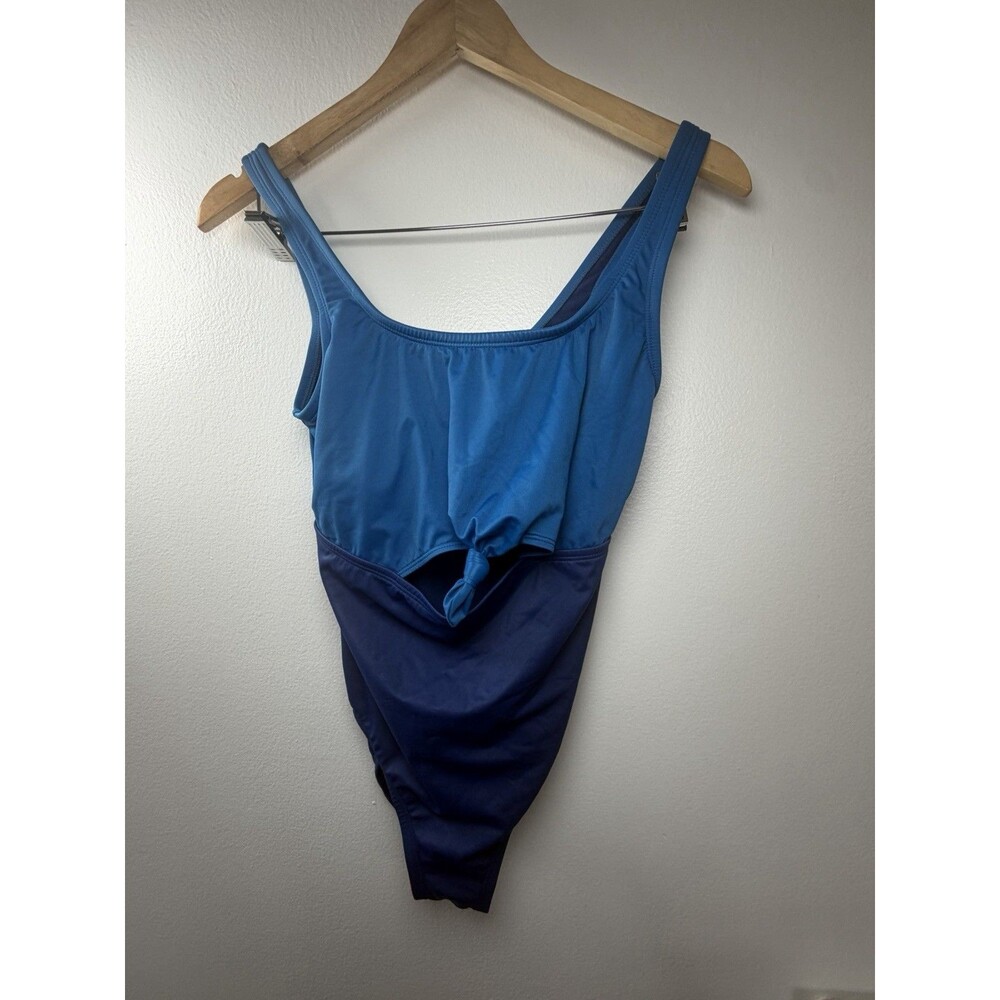 Women’s Blue Colorblock One Piece Swimsuit Front Knot Cutout Wide Strap - Picture 3 of 6